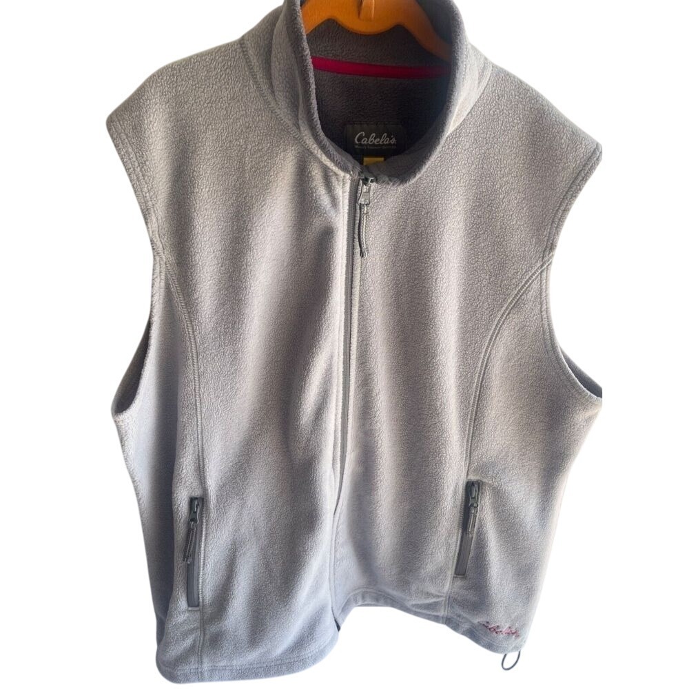 Woman's Cabela's Fleece Vest Full Zip Collar & Cinch‎ Cord Pink Logo Hem 2 XL